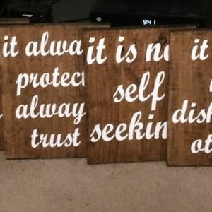1 Corinthians 13 Wood Wedding Aisle Signs, love is patient, love is kind, love never fails, Set of 8, Size 9x12
