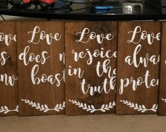 1 Corinthians 13 Wood Wedding aisle Signs-Set of 9 boards -Love is Patient-Love is Kind-Love Never Fails-Rustic Wedding decor 12x16