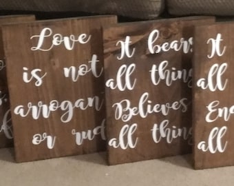 1 Corinthians 13 Wood Wedding Aisle Signs, love is patient, love is kind, love never fails, Set of 6, Size 9x12