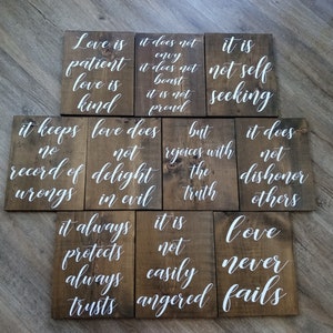 1 Corinthians 13 Wood Wedding Aisle Signs set of 10, love is patient, love is kind, love never fails, Dark Walnut Stain, Rustic Size 9x12