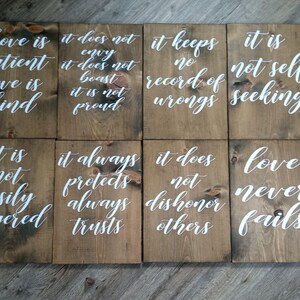 Beautiful set of 1 Corinthian 13 Wedding Aisle Signs, Set of 8, Size 12x16, love is patient, love is kind, Rustic wedding ceremony signs