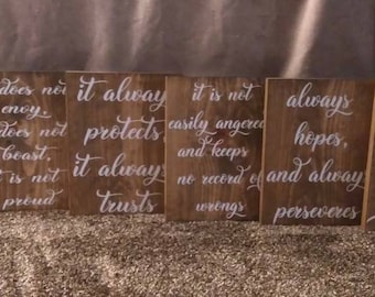 1 Corinthians 13 Wood Wedding Aisle Signs, love is patient, love is kind, love never fails, Set of 6, Size 9x12