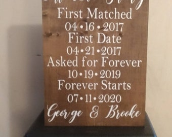 Nuestra historia de amor, signo personalizado, fecha coincidente, primera cita, pedido para siempre, comienza para siempre tamaño de signo 12x16 regalo de boda de madera, regalo de aniversario