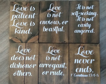 1 Corinthians 13 Wood Wedding Aisle Signs, love is patient, love is kind, love never fails, Set of 6, Size 12x16, dark walnut