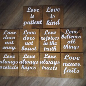 Beautiful wood Corinthians 13 Wedding aisle signs, 10 total boards 12x13, Love is patient, love is kind, love never fails