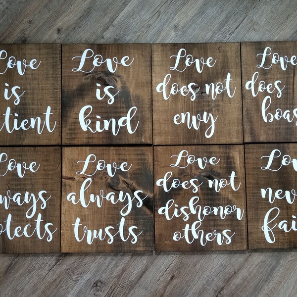 1 Corinthians 13 Rustic Wedding aisle Signs, 8 boards- size 12x13, Love is patient, love is kind, love never fails-dark walnut stain