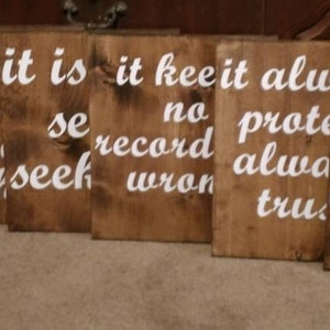 1 Corinthians 13 Rustic Wedding aisle Signs, 8 boards- size 12x13, Love is patient, love is kind, love never fails