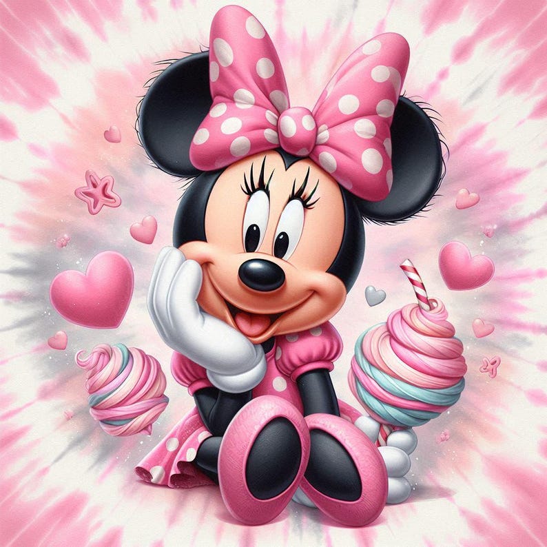 Puede incluir: Una ilustraci&oacute;n de dibujos animados de Minnie Mouse con un vestido rosa de lunares y un lazo rosa con lunares blancos. Ella sostiene una piruleta de espiral rosa, azul y blanca. El fondo es un patr&oacute;n de tie-dye rosa y blanco con corazones y estrellas.