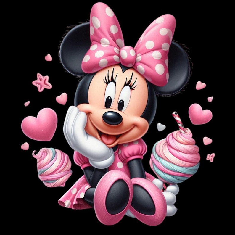 Puede incluir: Una ilustraci&oacute;n de dibujos animados de Minnie Mouse con un vestido rosa con lunares blancos y un lazo rosa con lunares blancos. Ella sostiene una piruleta de espiral rosa y azul. El fondo es negro con corazones y estrellas rosas.