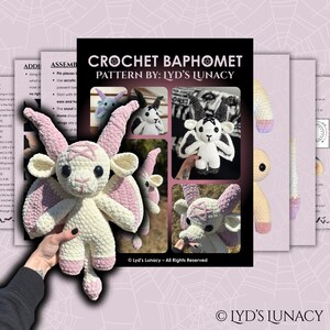 May include: Crochet pattern for a Baphomet amigurumi doll. The pattern includes instructions for crocheting the doll's horns, wings, and body. The doll is white with pink accents. The pattern is by Lyd's Lunacy.