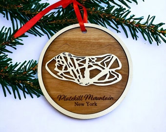 Plattekill Mountain Christmas Ornament - Ski Trail Map Ornament, Mountain Ornament, Engraved Trail Map, Layered Ornament, Minimal Ornament