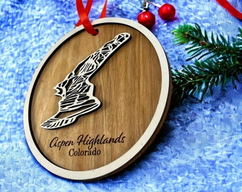 Aspen Highlands, CO - Christmas Ornament - Ski Trail Map Ornament, Mountain Ornament, Engraved Trail Map, 3D Layered Ornament, Ski Ornament