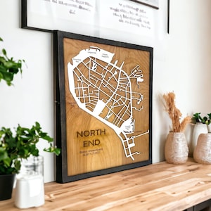 North End, Boston: Stadtplan, Straßenkarte, Karte aus Holz, gravierte Wandkunst