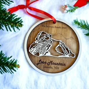 Loon Mountain Weihnachtsschmuck - Ski-Wanderkarte, Bergverzierung, gravierte Wanderkarte, 3D-Schichtverzierung, minimale Verzierung
