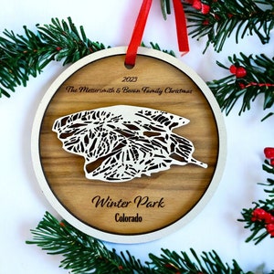 Winter Park Weihnachtsverzierung - Ski-Wanderkarte, Bergverzierung, gravierte Wanderkarte, 3D-Schichtverzierung, minimale Verzierung