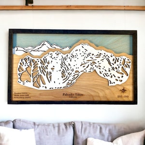 Palisades Tahoe, Squaw Valley, CA- Skidecor, houten skikaart, skipistekunst, 3D gelaagde skiresortkaart, skihuisdecor, snowboarddecor