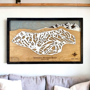 Schweitzer Mountain Resort, Sandpoint, Idaho: mappa delle piste da sci, decorazioni per la casa da sci, montagne a strati 3D, decorazioni per snowboard