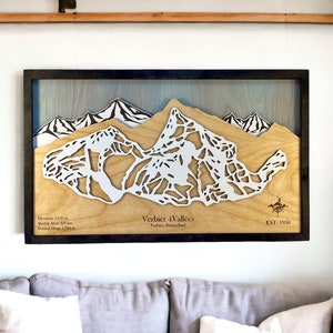 Verbier 4Vallées, Zwitserland - Ski Decor, Houten Skikaart, Ski Trail Art, 3D Gelaagde Ski Resort Kaart, Ski House Decor, Snowboard Decor