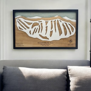 Station de ski de Hyland Hills, Minnesota - déco ski, carte des pistes de ski en bois, art des pistes de ski, plan de la station de ski en couches 3D, déco maison de ski, déco snowboard