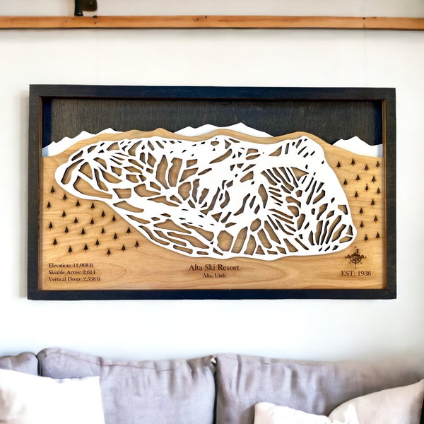 Alta Utah Ski Resort Trail Map: 3D Layered Wood Art