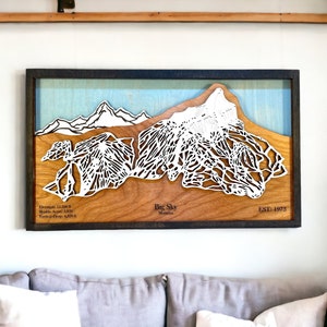 Big Sky Mountain, Big Sky, Montana- Arredamento sci, Mappa sciistica in legno, Arte delle piste da sci, Mappa della stazione sciistica a strati 3D, Arredamento casa sciistica