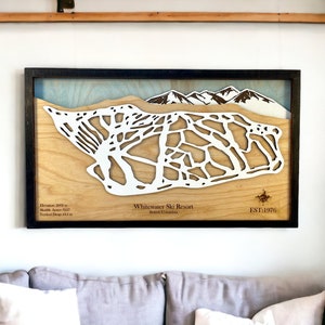 Station de ski d'eau vive, Colombie-Britannique - décoration de ski, carte de ski en bois, art des pistes de ski, plan de la station de ski en couches 3D, décoration maison de ski, déco snowboard