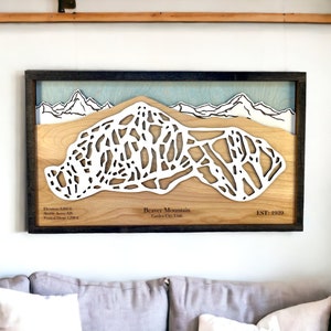 Beaver Mountain, Garden City, Utah - décoration de ski, carte de ski en bois, art des pistes de ski, plan de la station de ski en couches 3D, déco maison de ski, déco snowboard
