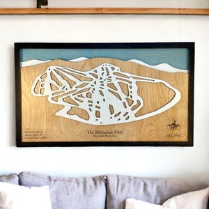 Hooiberg, Vermont-skidecor, houten skikaart, skipistekunst, 3D gelaagde skiresortkaart, skihuisdecor, snowboarddecor
