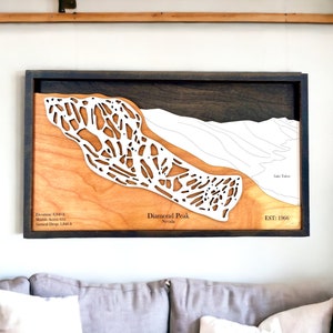Diamond Peak-skiresort, Nevada: skipistekaart, decor skihuis, 3D gelaagde bergen, snowboarddecor