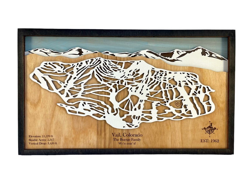 Custom Ski Trail Map Mountains, Ski, Snowboarding, Ski House Decor, Trails, 3D Layered Ski Map image 7