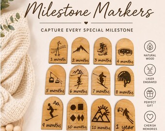 Ski Themed Baby Milestone Markers: Engraved Wooden Photo Props