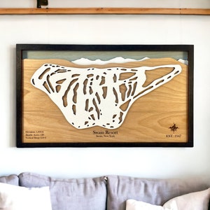 Station de ski de Swain, New York - décoration de ski, carte de ski en bois, art des pistes de ski, plan de la station de ski en couches 3D, déco maison de ski, déco snowboard