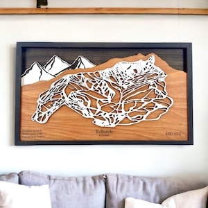 Station de ski de Telluride, Colorado - décoration de ski, carte de ski en bois, art des pistes de ski, plan de la station de ski en couches 3D, déco maison de ski, déco snowboard