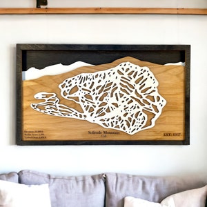 Station de ski Solitude, Utah - décoration de ski, carte de ski en bois, art des pistes de ski, carte de la station de ski en couches 3D, déco maison de ski, déco snowboard