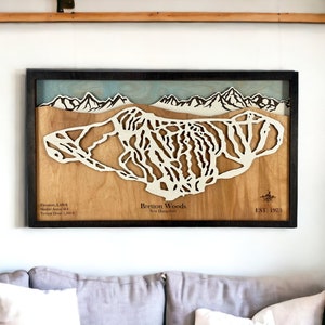 Station de ski de Bretton Woods, Carroll, NH - décoration de ski, carte de ski en bois, art des pistes de ski, plan de la station de ski en couches 3D, déco maison de ski, déco snowboard