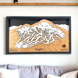 Station de ski de Marmot Basin, Alberta - décoration de ski, carte de ski en bois, art des pistes de ski, plan de la station de ski en couches 3D, déco maison de ski, déco snowboard