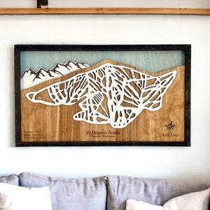 49 degrés nord, Washington - décoration de ski, carte de ski en bois, art des pistes de ski, carte de la station de ski en couches 3D, déco maison de ski, déco snowboard
