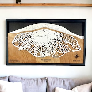 Station de ski du mont Bachelor, Oregon - décoration de ski, carte des pistes de ski en bois, art des pistes de ski, carte des pistes de ski en couches 3D, décoration maison de ski, déco snowboard