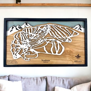 Station de ski de Northstar, Californie - décoration de ski, carte de ski en bois, art des pistes de ski, plan de la station de ski en couches 3D, déco maison de ski, déco snowboard
