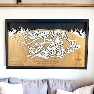 Panorama Mountain Resort nella Columbia Britannica, Canada - Arredamento sci, Mappa sciistica in legno, Arte delle piste da sci, Mappa della stazione sciistica a strati 3D, Arredamento casa sciistica