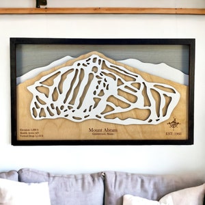 Mount Abram, Maine - Ski déco, carte de ski en bois, art des pistes de ski, plan de la station de ski en couches 3D, déco maison de ski, déco snowboard