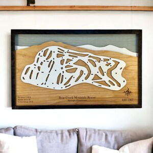 Bear Creek Mountain Resort (Pennsylvania) - skidecor, houten skikaart, skipistekunst, 3D-gelaagde skiresortkaart, skihuisdecor