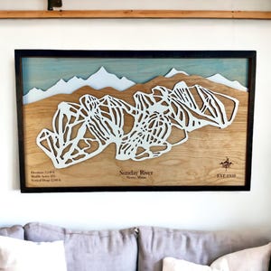 Station de ski de Sunday River, Maine - déco ski, carte des pistes de ski en bois, art des pistes de ski, plan de la station de ski en couches 3D, déco maison de ski, déco snowboard