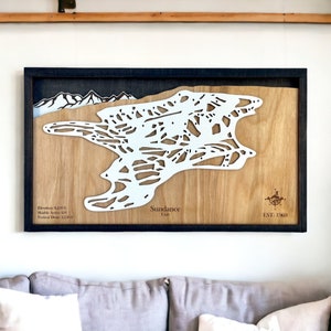 Station de ski de Sundance, Utah - décoration de ski, carte de ski en bois, art des pistes de ski, plan de la station de ski en couches 3D, décoration maison de ski, déco snowboard