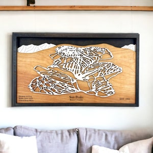 Station de ski de Sun Peaks, Colombie-Britannique - décoration de ski, carte des pistes de ski en bois, art des pistes de ski, plan de la station de ski en couches 3D, déco maison de ski, déco snowboard