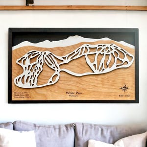 White Pass, Washington: decoración de pistas de esquí, mapa de esquí de madera, arte de pistas de esquí, mapa de estaciones de esquí en capas en 3D, decoración de casas de esquí, decoración de tablas de snowboard