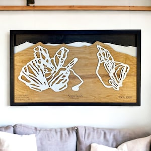 Station de ski de Sugarbush, Vermont - décoration ski, carte des pistes de ski en bois, art des pistes de ski, plan de la station de ski en couches 3D, décoration maison de ski, déco snowboard