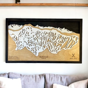 Station de ski de Kirkwood, Lake Tahoe, Californie - décoration de ski, carte de ski en bois, art des pistes de ski, plan de la station de ski en couches 3D, déco maison de ski, déco snowboard