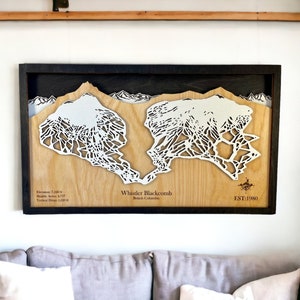 Montagna Whistler-Blackcomb, Columbia Britannica - Mappa delle piste da sci, Decorazione degli sci, Arte delle piste da sci, Mappa delle montagne a strati 3D, Decorazione dello snowboard