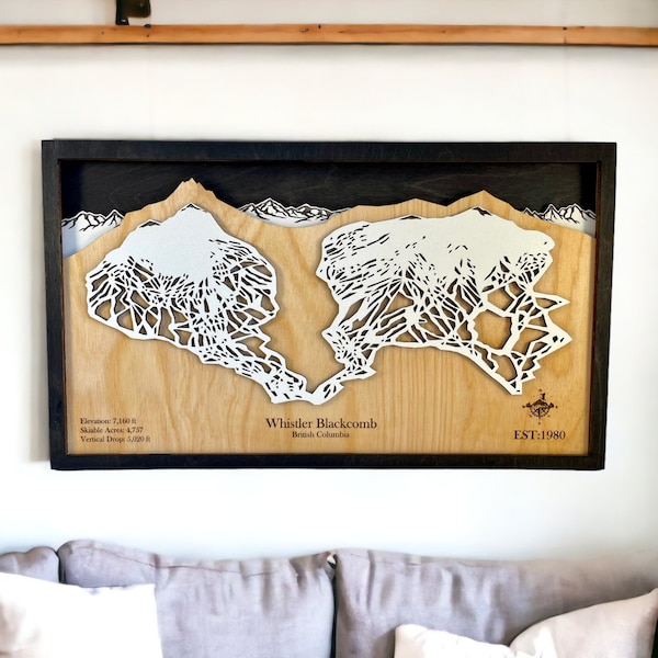 Whistler-Blackcomb Mountain, British Columbia- Ski Trail Map, Ski Decor, Ski Trail Art, 3D Layered Mountain Map, Snowboard Decor